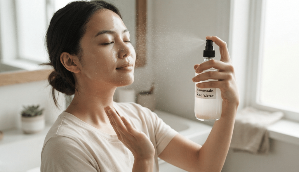 Applying rice water as a facial toner